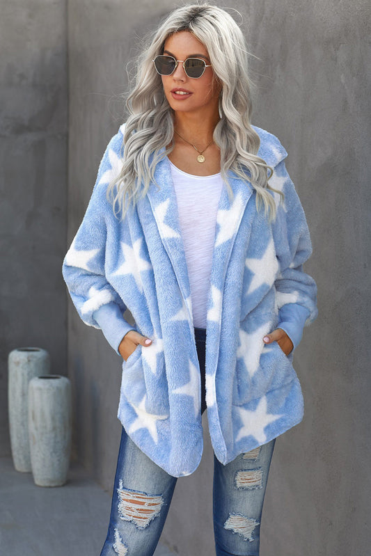 Women’s Sky Blue Lapel Collar Scatter Star Fuzzy Coat