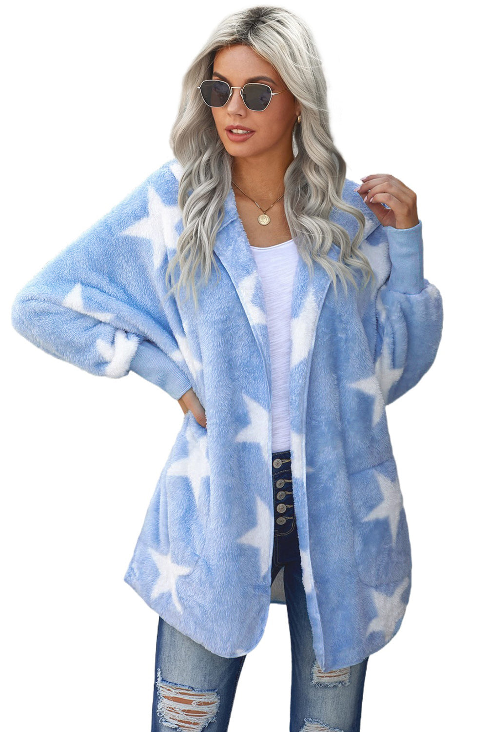 Women’s Sky Blue Lapel Collar Scatter Star Fuzzy Coat