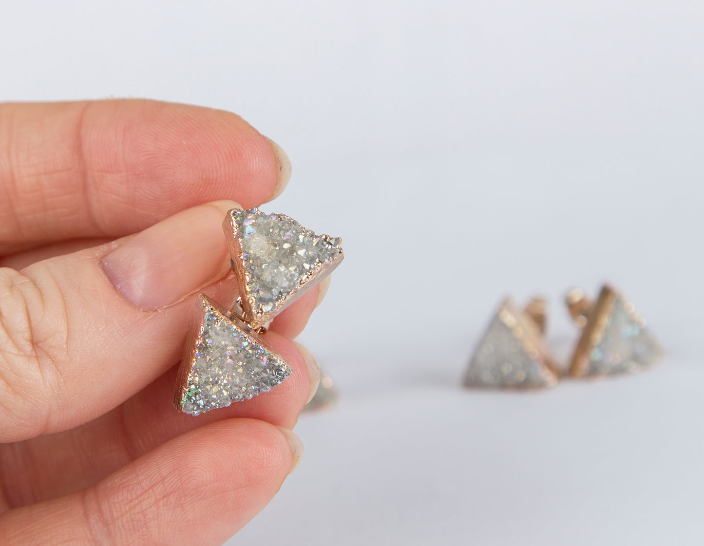 White triangle druzy earrings, gold plated earrings