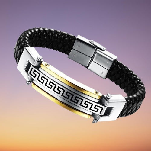 Black Leather Braided Stainless Steel Men's Bracelet